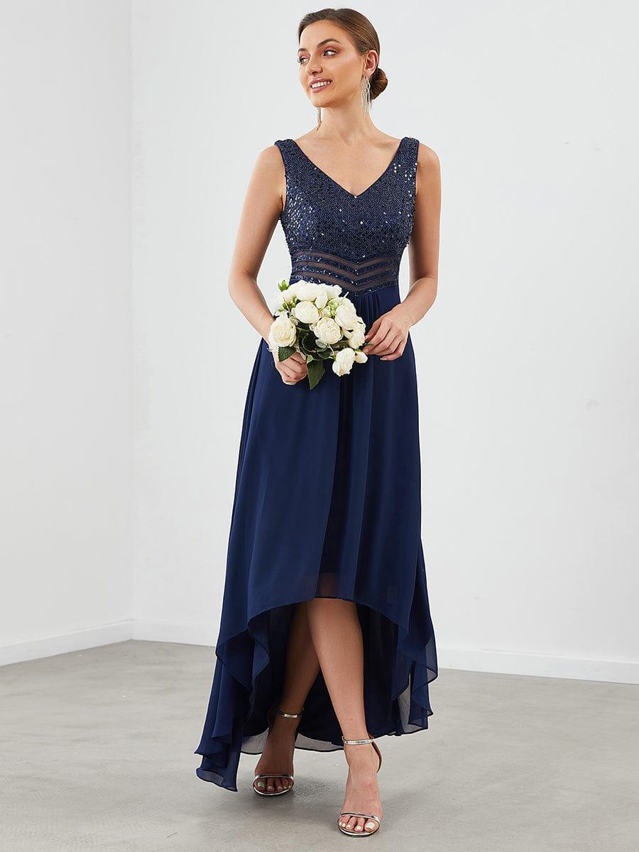 Sexy High-Low Maxi Chiffon Evening Dresses with Sequin #color_Navy Blue