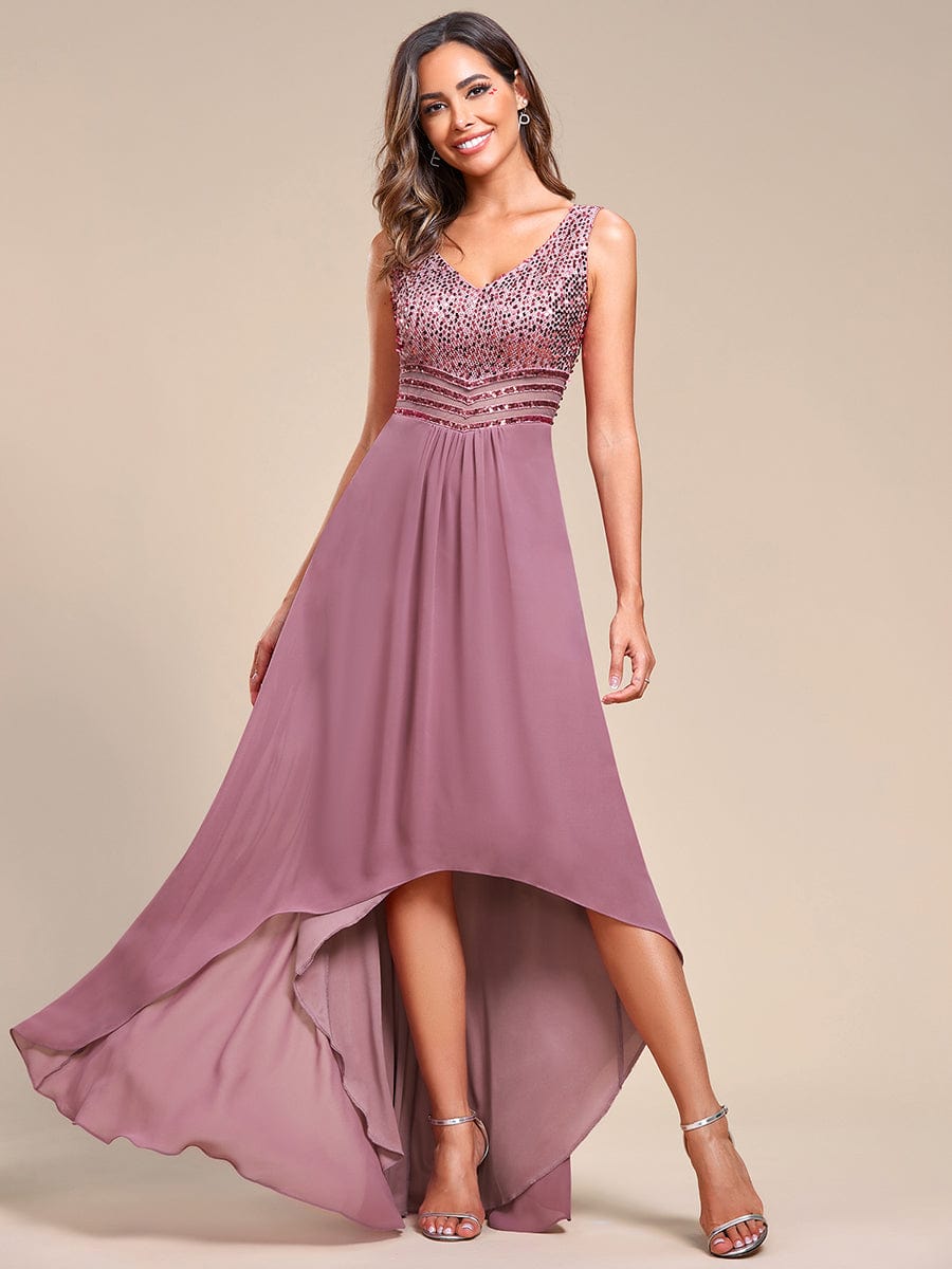 Sexy High-Low Maxi Chiffon Evening Dresses with Sequin #color_Purple Orchid