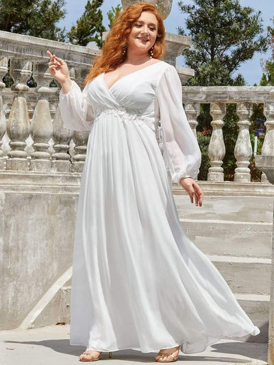Stylish Chiffon Plus Size Evening Dresses with Long Lantern Sleeves #color_Cream