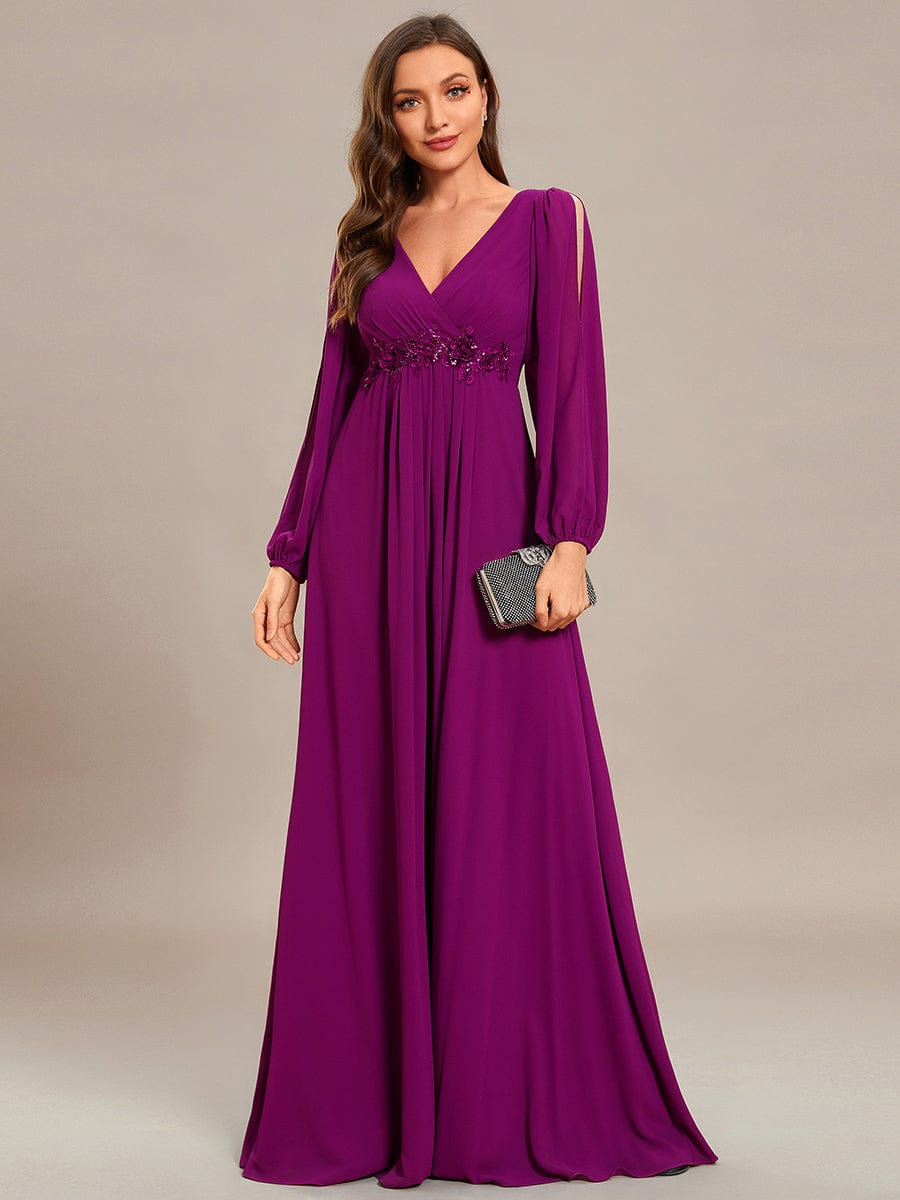 V-Neck Long Sleeve Applique A-Line Chiffon Evening Dress