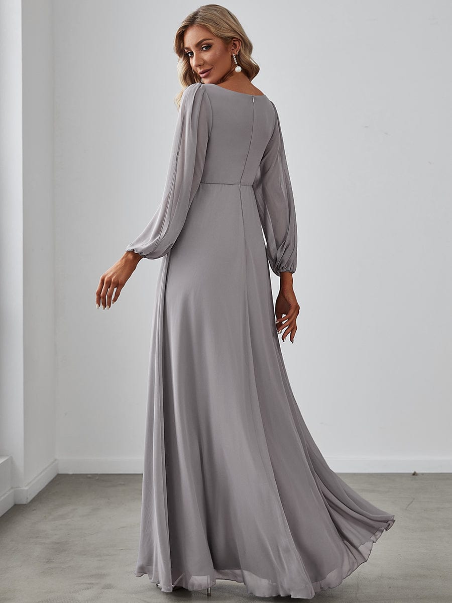 Deep V Neck Long Wedding Guest Dress with Long Sleeves #color_Grey