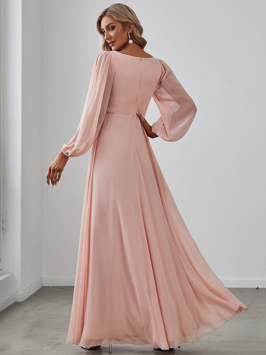 Lantern Long Slit Sleeve Deep V Applique Maxi Evening Dress #color_Pink