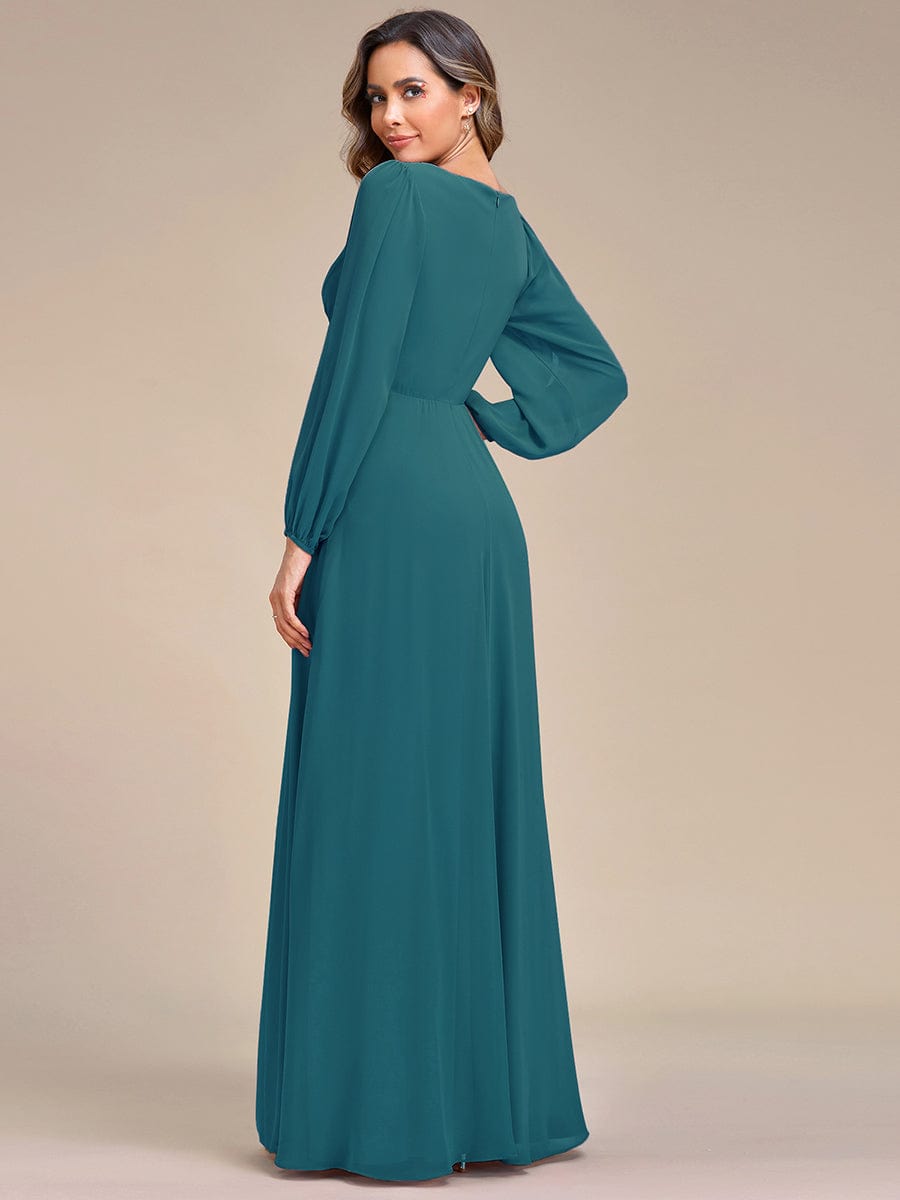 V-Neck Long Sleeve Applique A-Line Chiffon Evening Dress #color_Teal