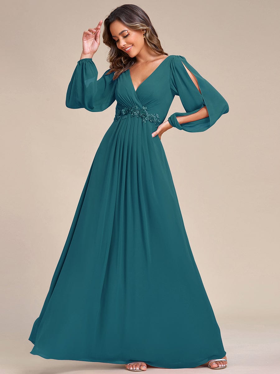 V-Neck Long Sleeve Applique A-Line Chiffon Evening Dress #color_Teal