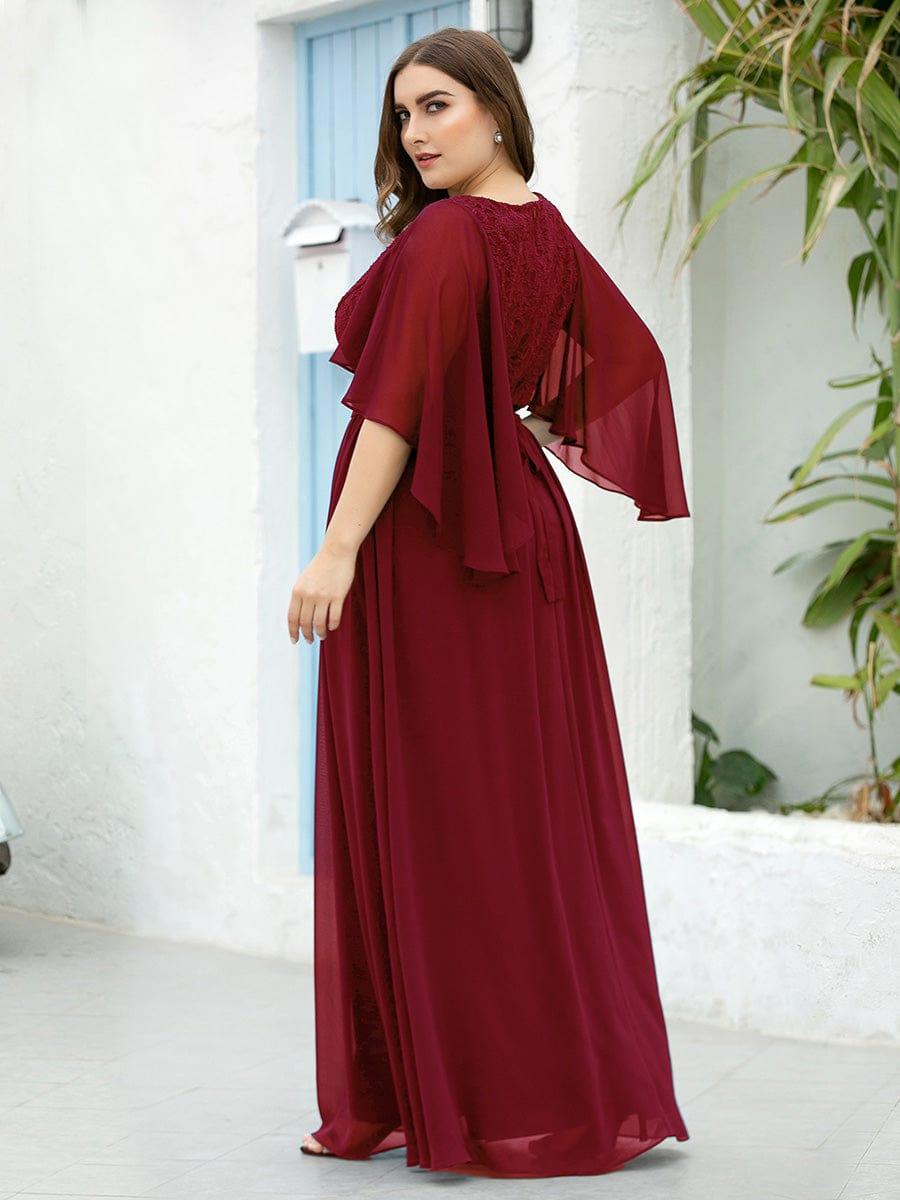 Women's Floor Length Deep V Neck Plus Size Evening Dress with Lace #color_Burgundy
