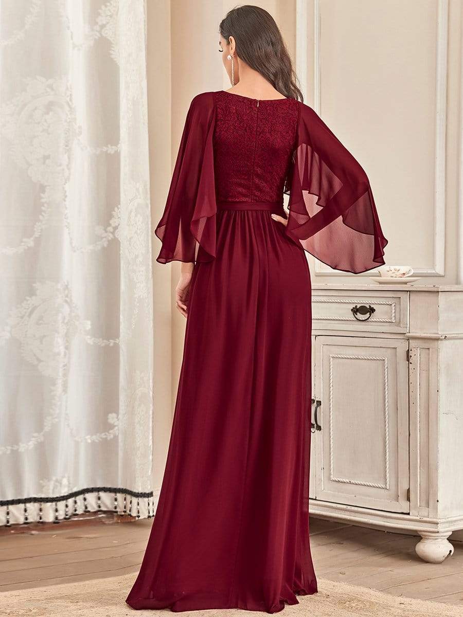 Elegant Maxi V Neck Chiffon Wedding Guest Dress with Sleeves #color_Burgundy