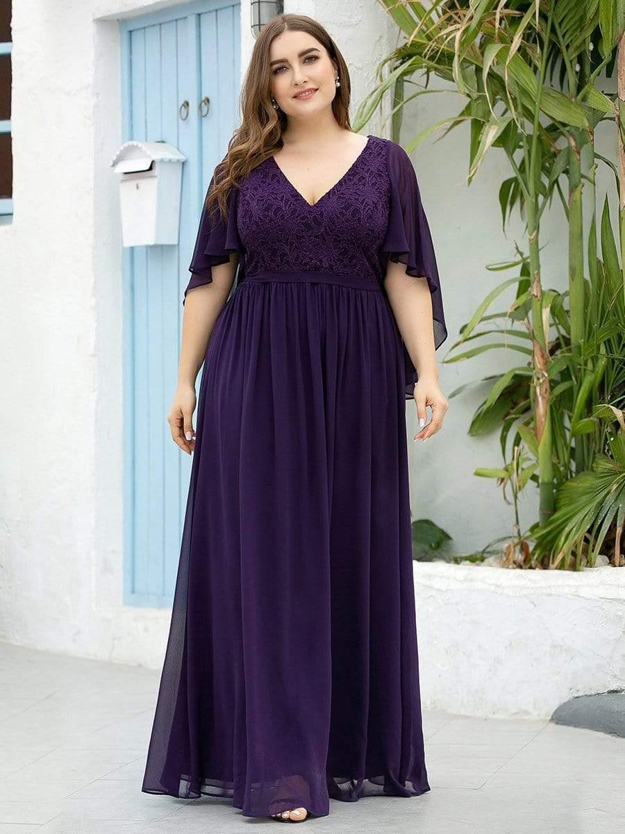 Women's Floor Length Deep V Neck Plus Size Evening Dress with Lace #color_Dark Purple