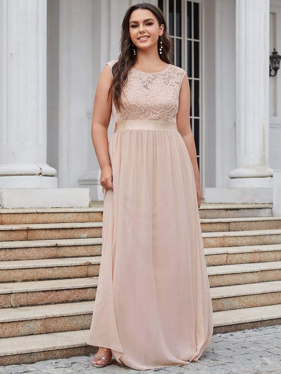 Plus Size Classic Round Neck V Back A-Line Chiffon Bridesmaid Dresses with Lace #color_Blush