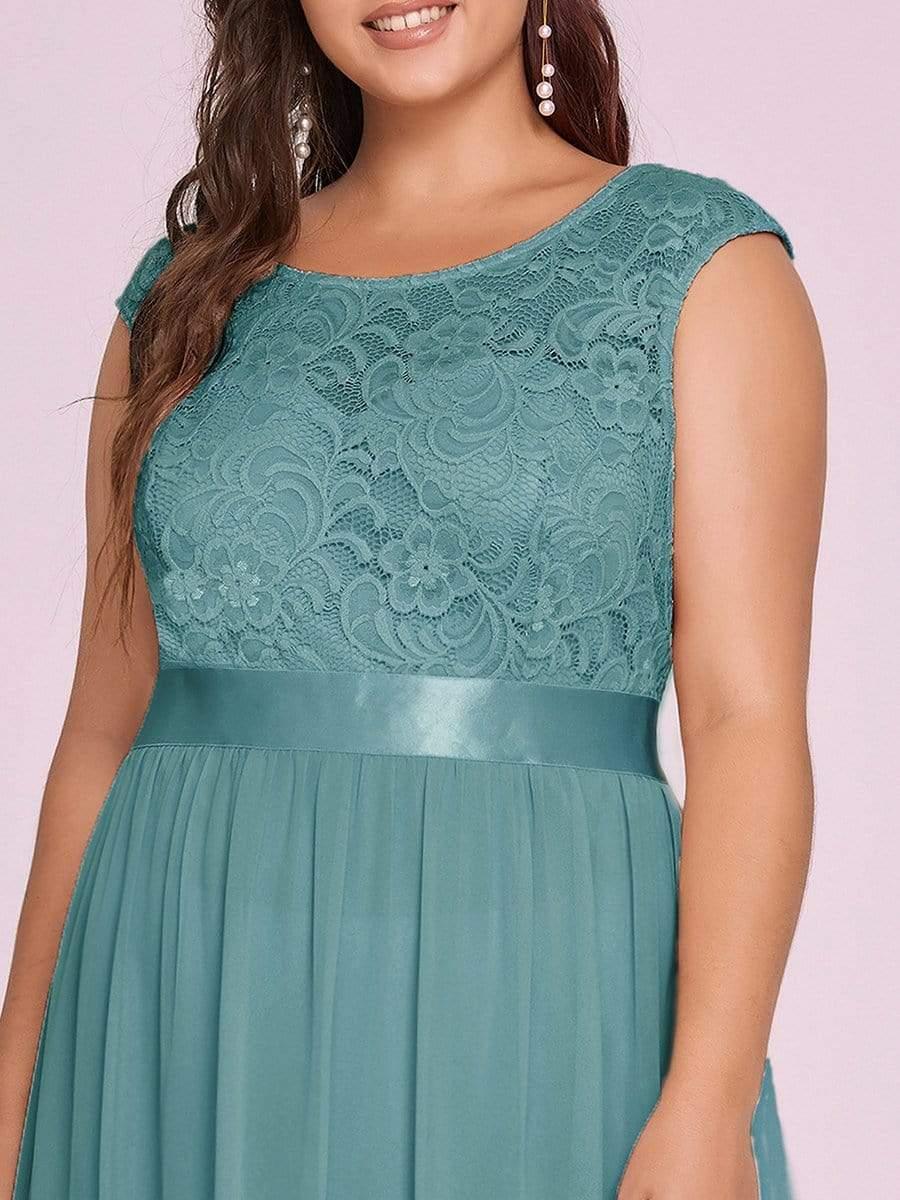 Plus Size Classic Round Neck V Back A-Line Chiffon Bridesmaid Dresses with Lace #color_Light Teal
