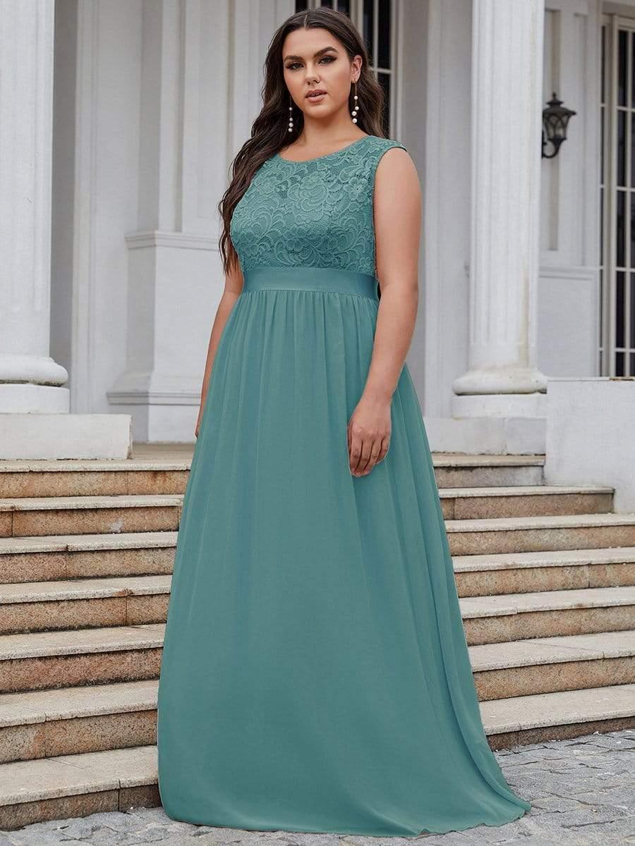 Plus Size Classic Round Neck V Back A-Line Chiffon Bridesmaid Dresses with Lace #color_Light Teal