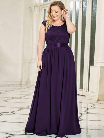 Plus Size Classic Round Neck V Back A-Line Chiffon Bridesmaid Dresses with Lace #color_Dark Purple