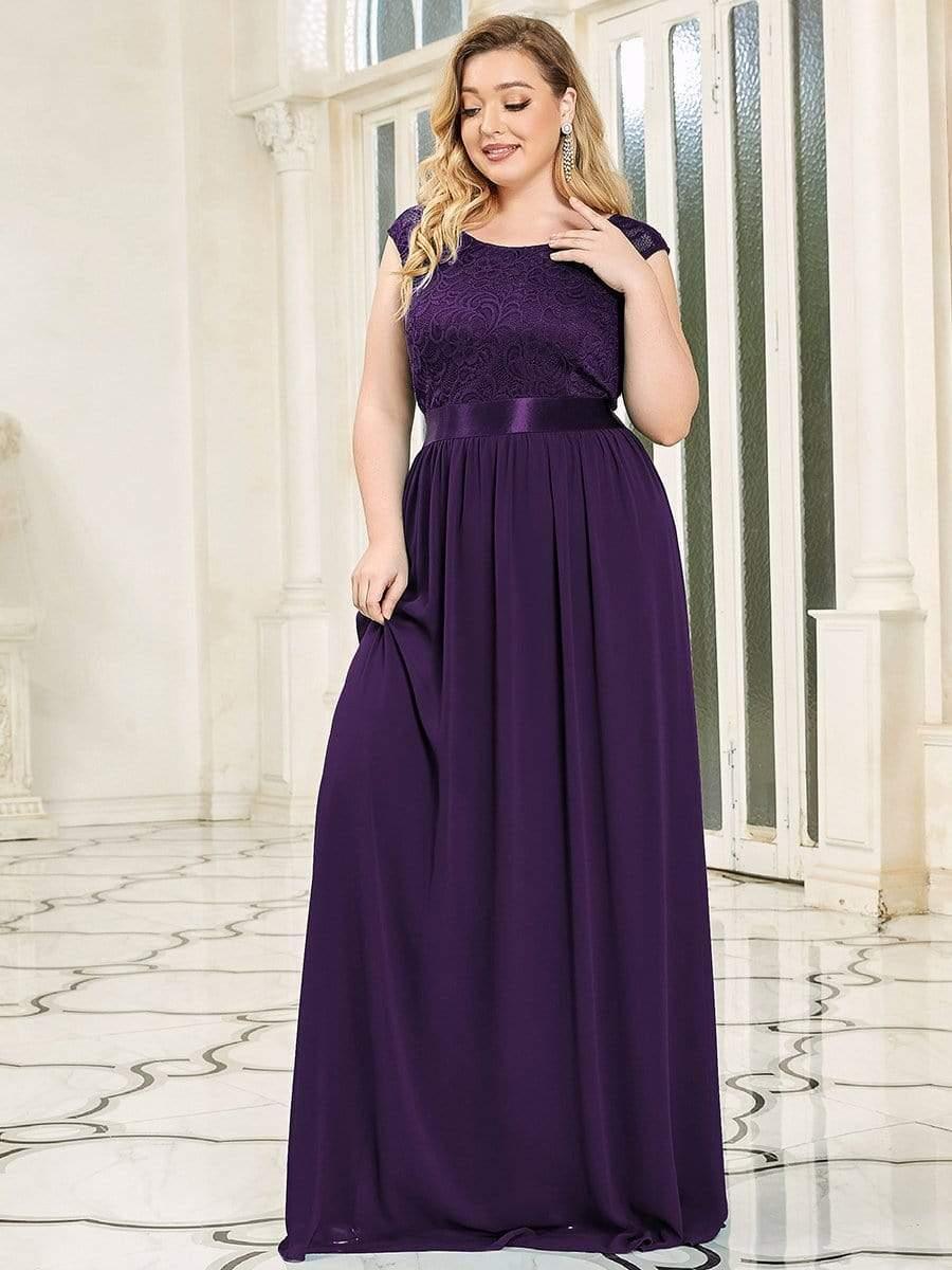 Plus Size Classic Round Neck V Back A-Line Chiffon Bridesmaid Dresses with Lace #color_Dark Purple