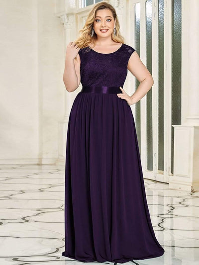 Plus Size Classic Round Neck V Back A-Line Chiffon Bridesmaid Dresses with Lace #color_Dark Purple