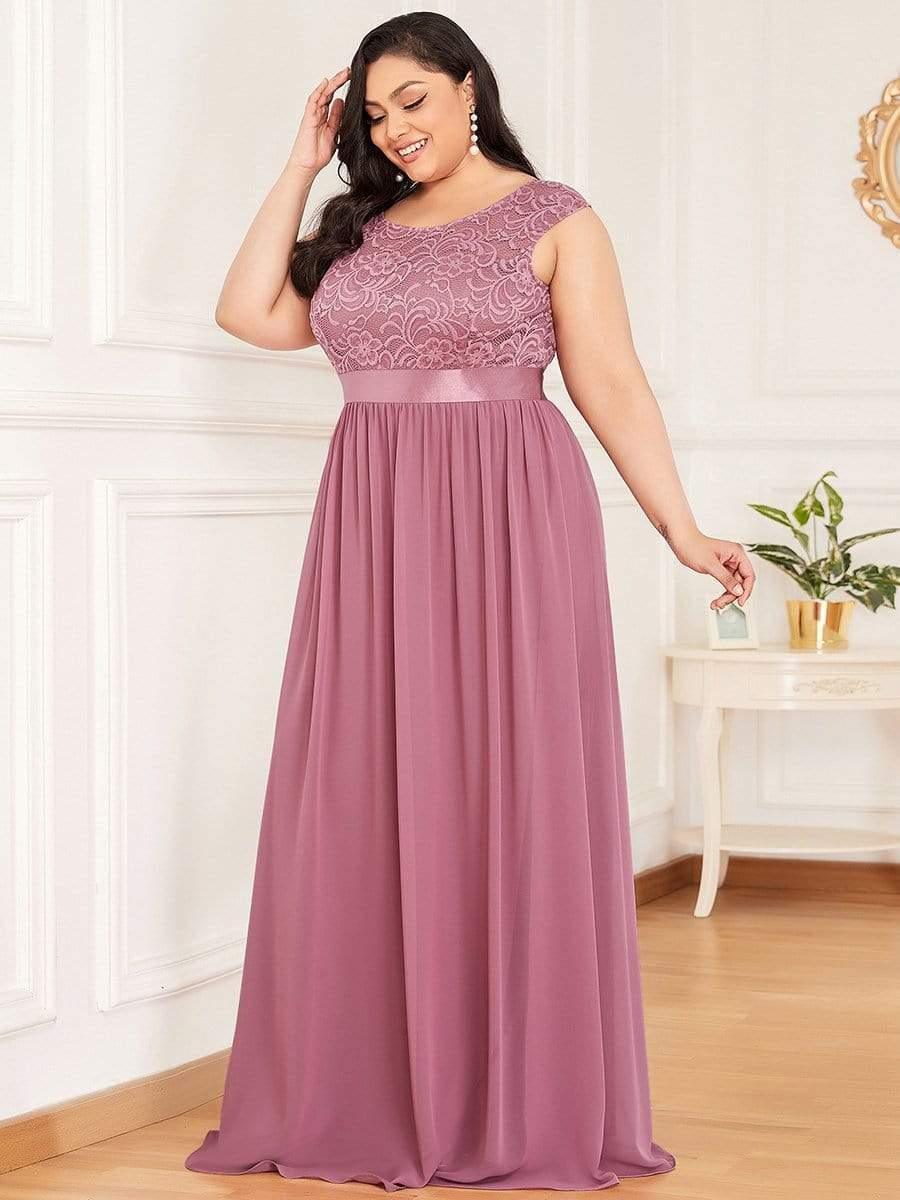 Plus Size Classic Round Neck V Back A-Line Chiffon Bridesmaid Dresses with Lace #color_Purple Orchid