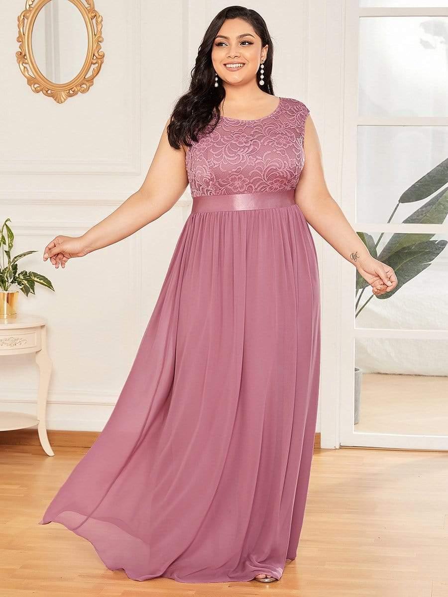 Plus Size Classic Round Neck V Back A-Line Chiffon Bridesmaid Dresses with Lace #color_Purple Orchid