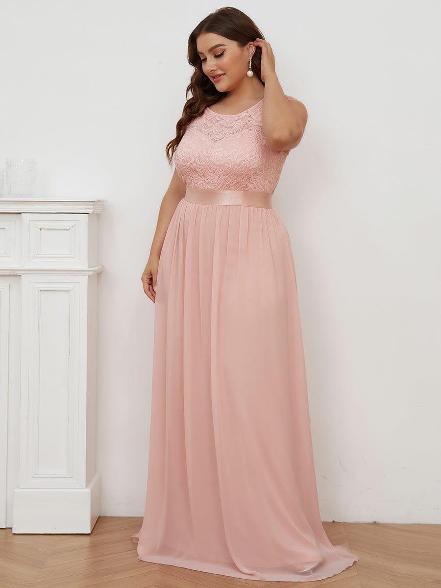 Plus Size Classic Round Neck V Back A-Line Chiffon Bridesmaid Dresses with Lace #color_Pink