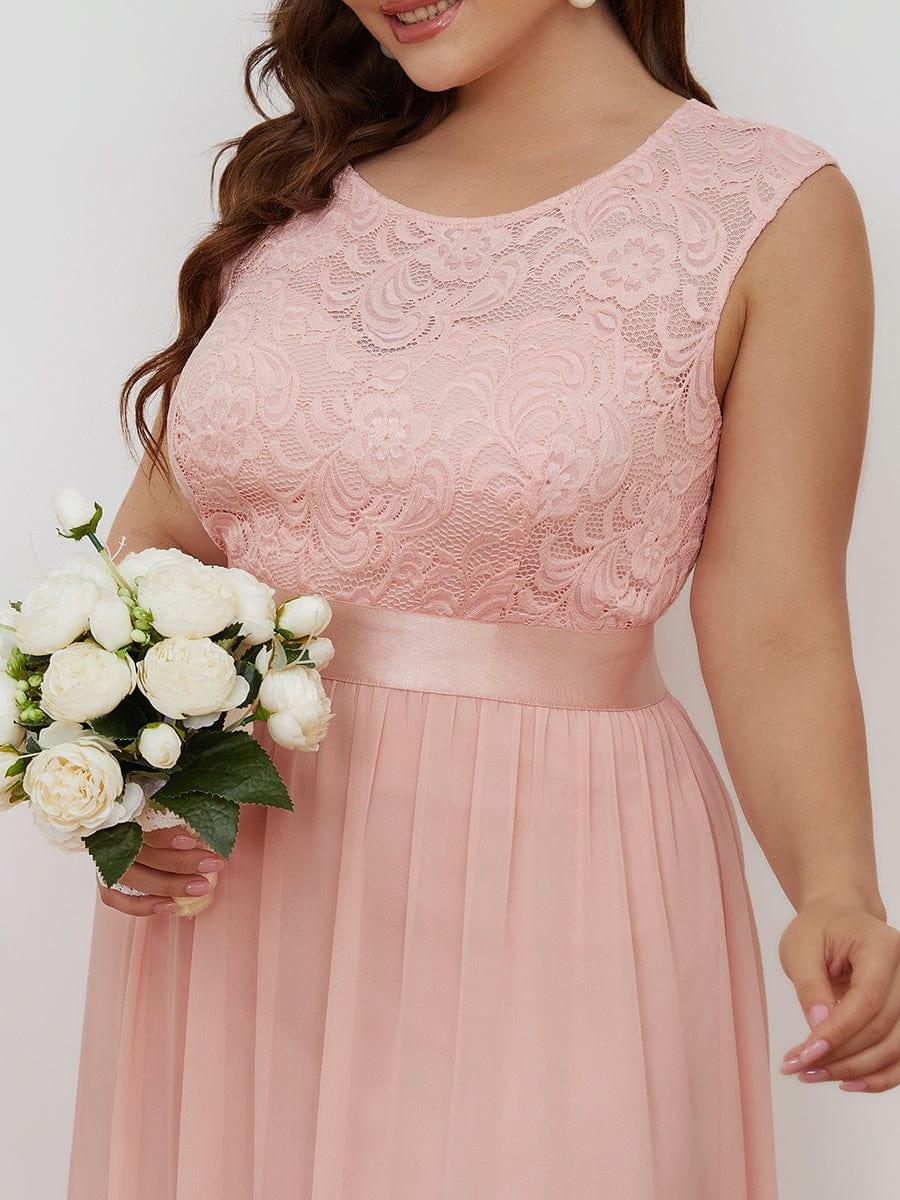 Plus Size Classic Round Neck V Back A-Line Chiffon Bridesmaid Dresses with Lace #color_Pink