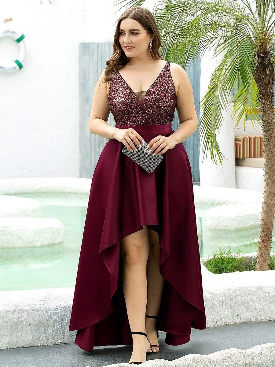 Sparkly Plus Size Prom Dresses for Women with Irregular Hem #color_Burgundy