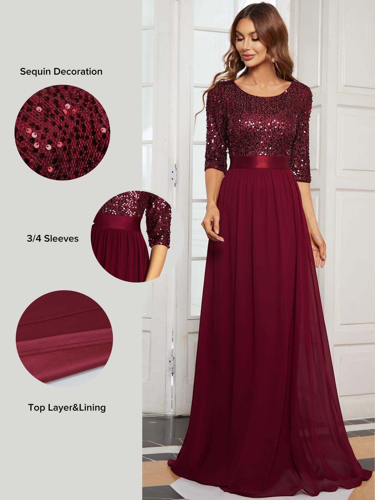 Elegant Round Neckline 3/4 Sleeve Sequins Patchwork Evening Dress #color_Burgundy