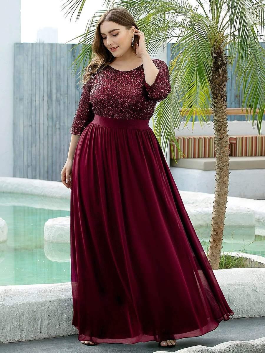 Women's Long Tulle & Sequin Evening Dresses for Mother of the Bride #color_Burgundy