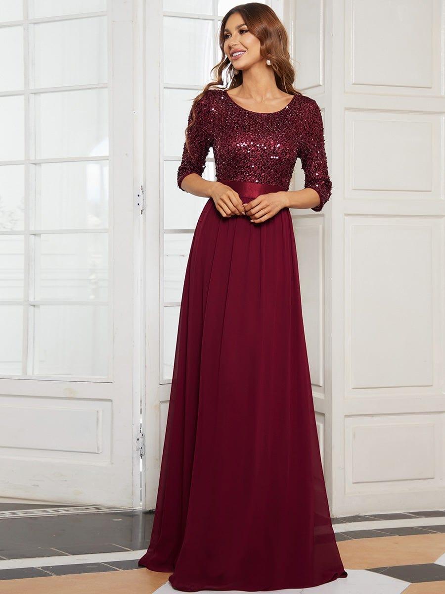 Elegant Round Neckline 3/4 Sleeve Sequins Patchwork Evening Dress #color_Burgundy