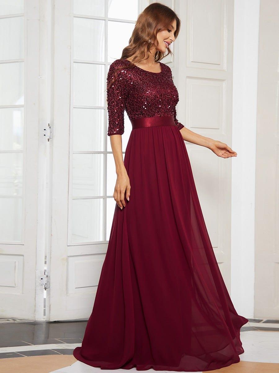 Elegant Round Neckline 3/4 Sleeve Sequins Patchwork Evening Dress #color_Burgundy