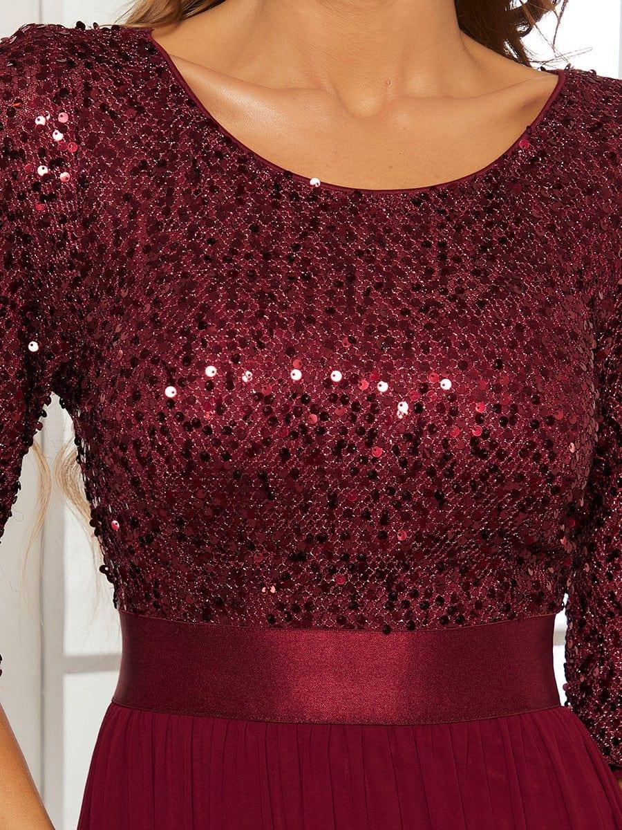 Elegant Round Neckline 3/4 Sleeve Sequins Patchwork Evening Dress #color_Burgundy