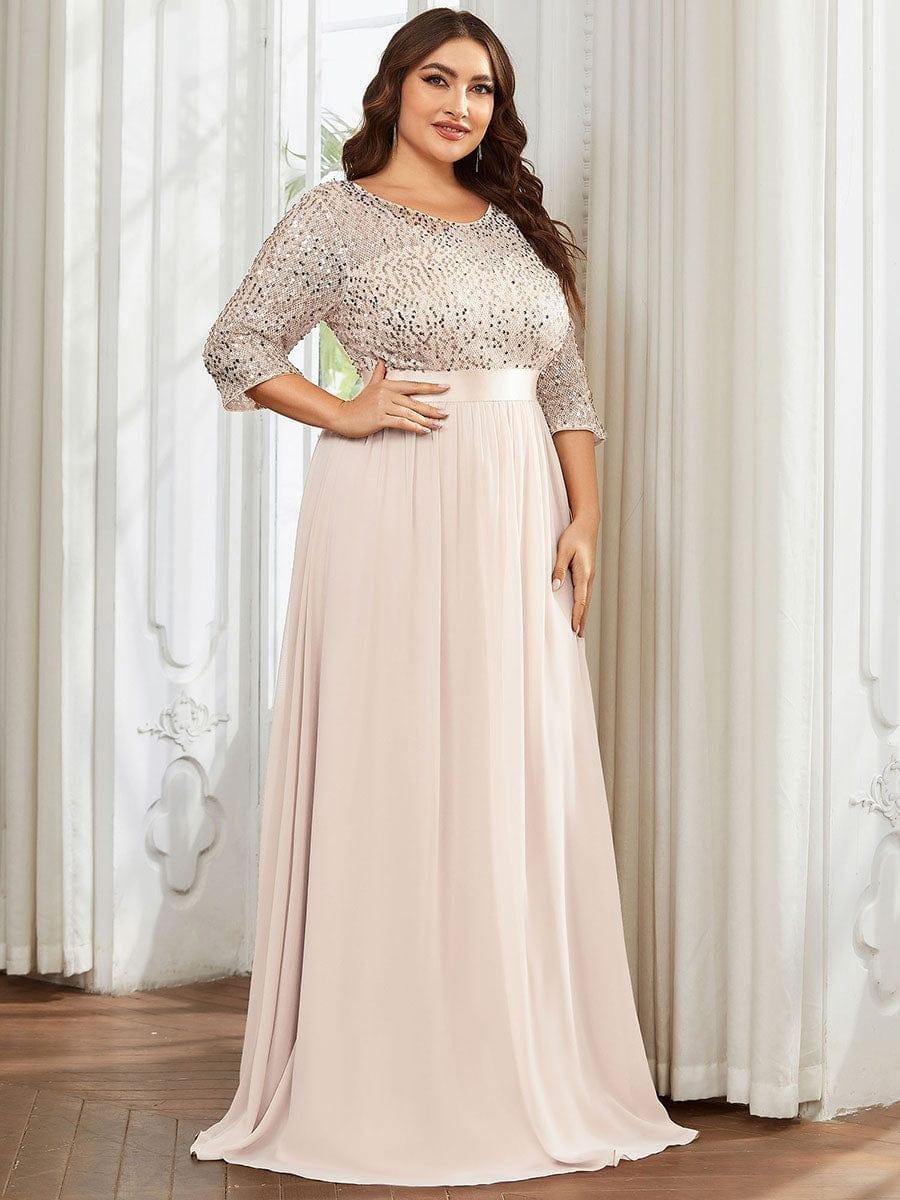 Elegant Round Neckline 3/4 Sleeve Sequins Patchwork Evening Dress #color_Blush