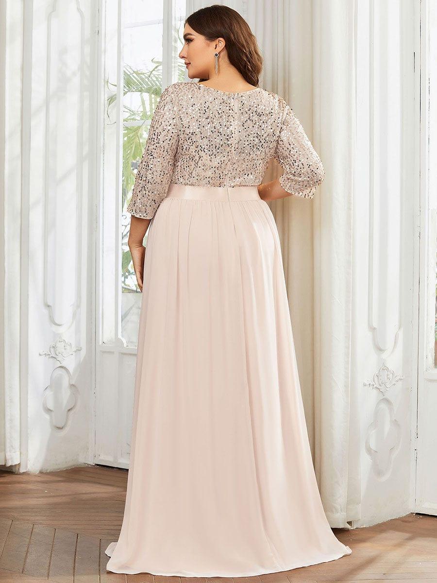 Elegant Round Neckline 3/4 Sleeve Sequins Patchwork Evening Dress #color_Blush
