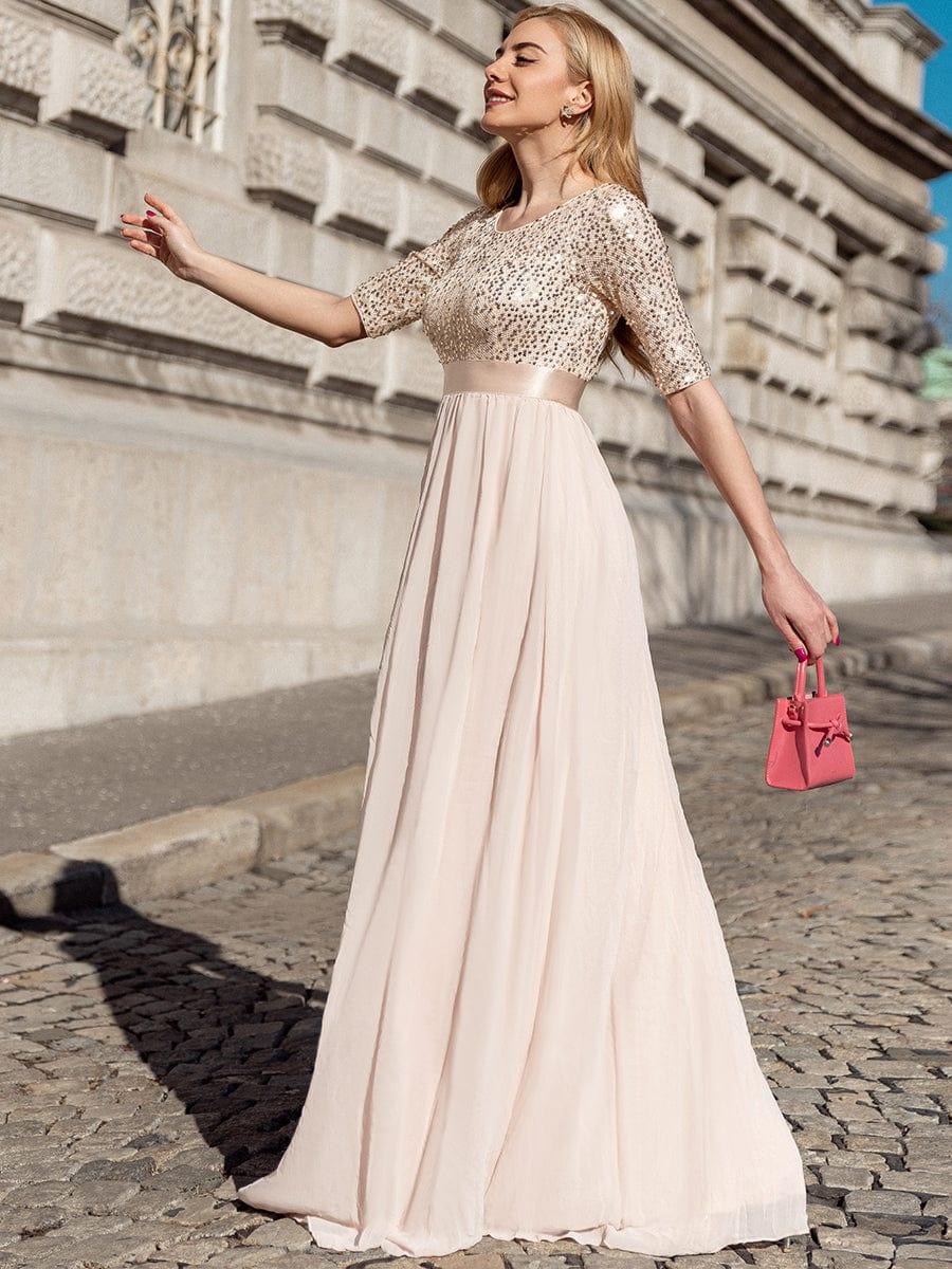 Elegant Round Neckline 3/4 Sleeve Sequins Patchwork Evening Dress #color_Blush