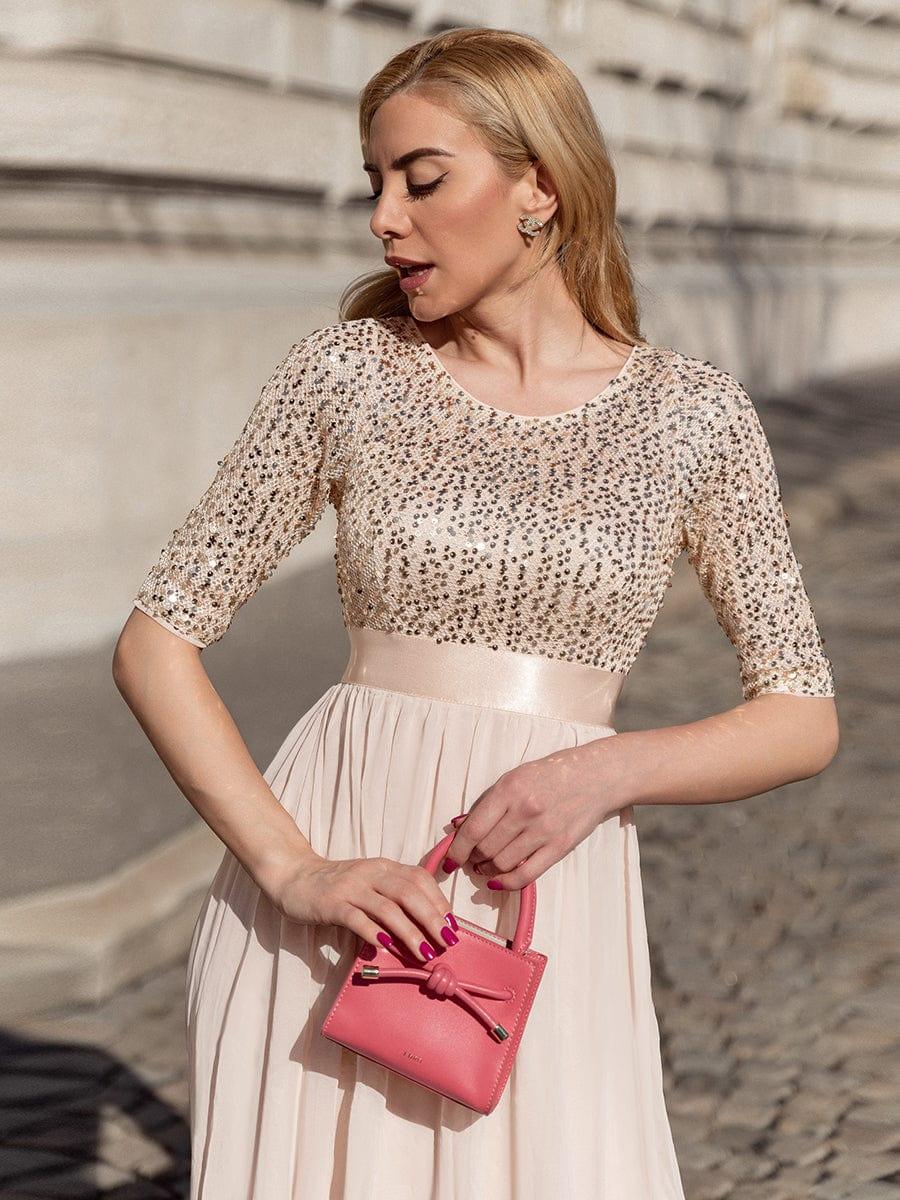 Elegant Round Neckline 3/4 Sleeve Sequins Patchwork Evening Dress #color_Blush
