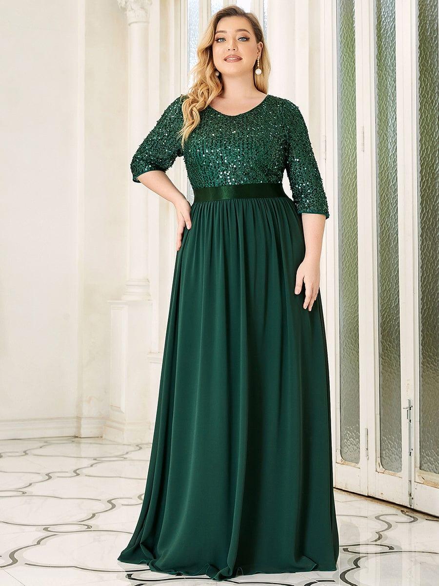 Elegant Round Neckline 3/4 Sleeve Sequins Patchwork Evening Dress #color_Dark Green