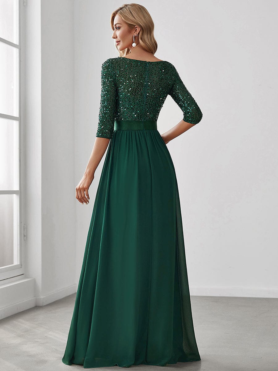 Elegant Round Neckline 3/4 Sleeve Sequins Patchwork Evening Dress #color_Dark Green