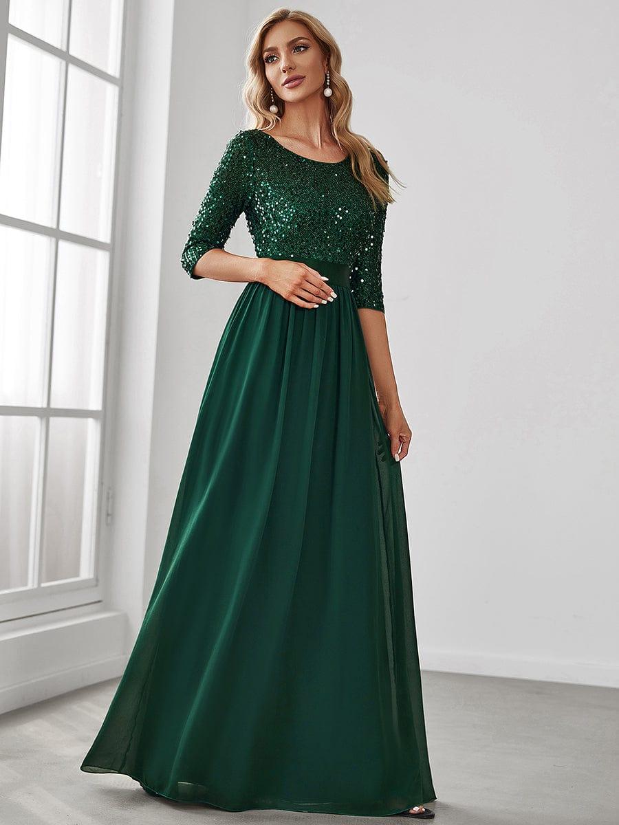 Elegant Round Neckline 3/4 Sleeve Sequins Patchwork Evening Dress #color_Dark Green