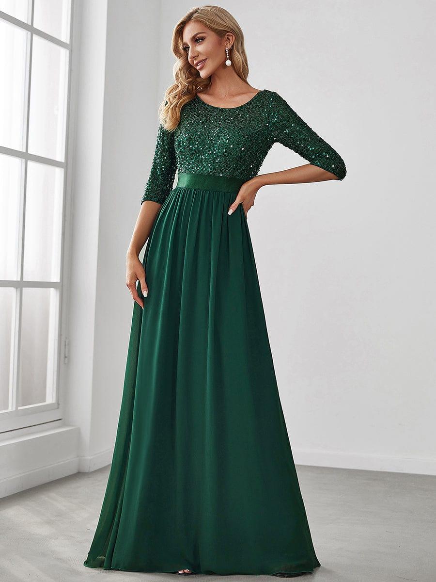 Elegant Round Neckline 3/4 Sleeve Sequins Patchwork Evening Dress #color_Dark Green