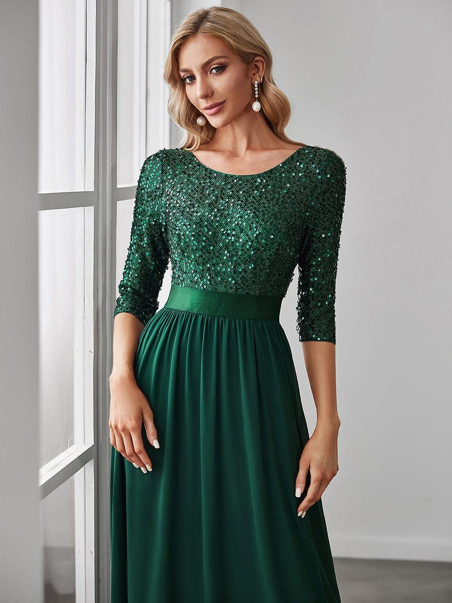 Elegant Round Neckline 3/4 Sleeve Sequins Patchwork Evening Dress #color_Dark Green