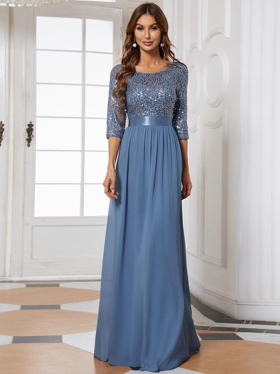 Elegant Round Neckline 3/4 Sleeve Sequins Patchwork Evening Dress #color_Dusty Blue