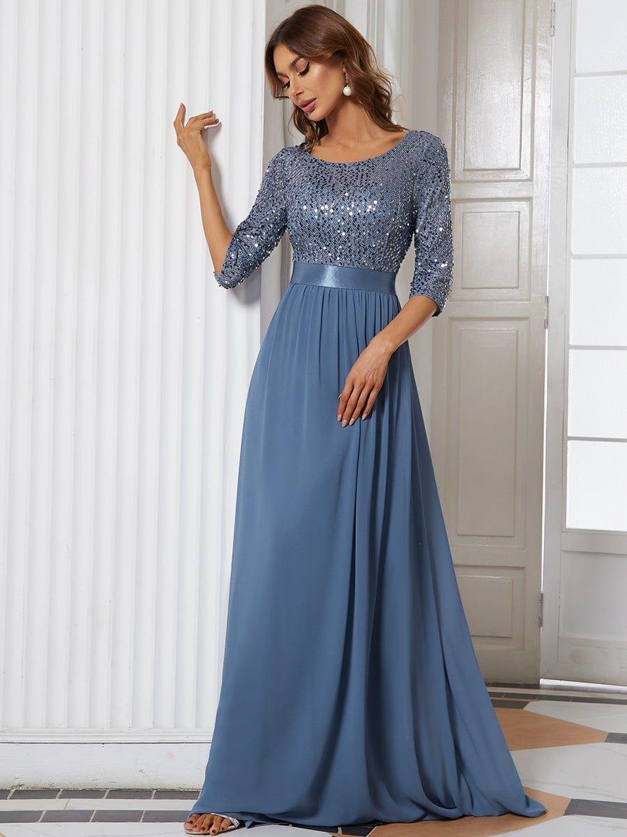 Elegant Round Neckline 3/4 Sleeve Sequins Patchwork Evening Dress #color_Dusty Blue