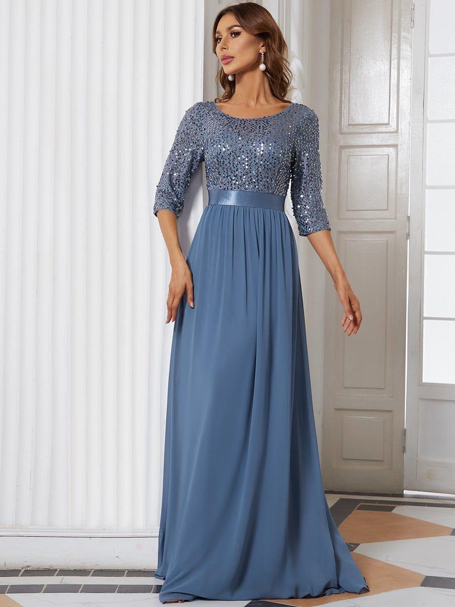Elegant Round Neckline 3/4 Sleeve Sequins Patchwork Evening Dress #color_Dusty Blue