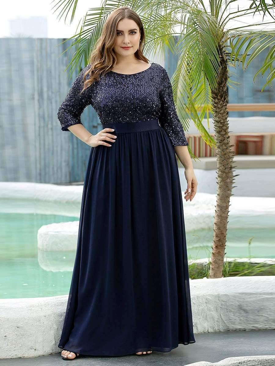 Elegant Round Neckline 3/4 Sleeve Sequins Patchwork Evening Dress #color_Navy Blue