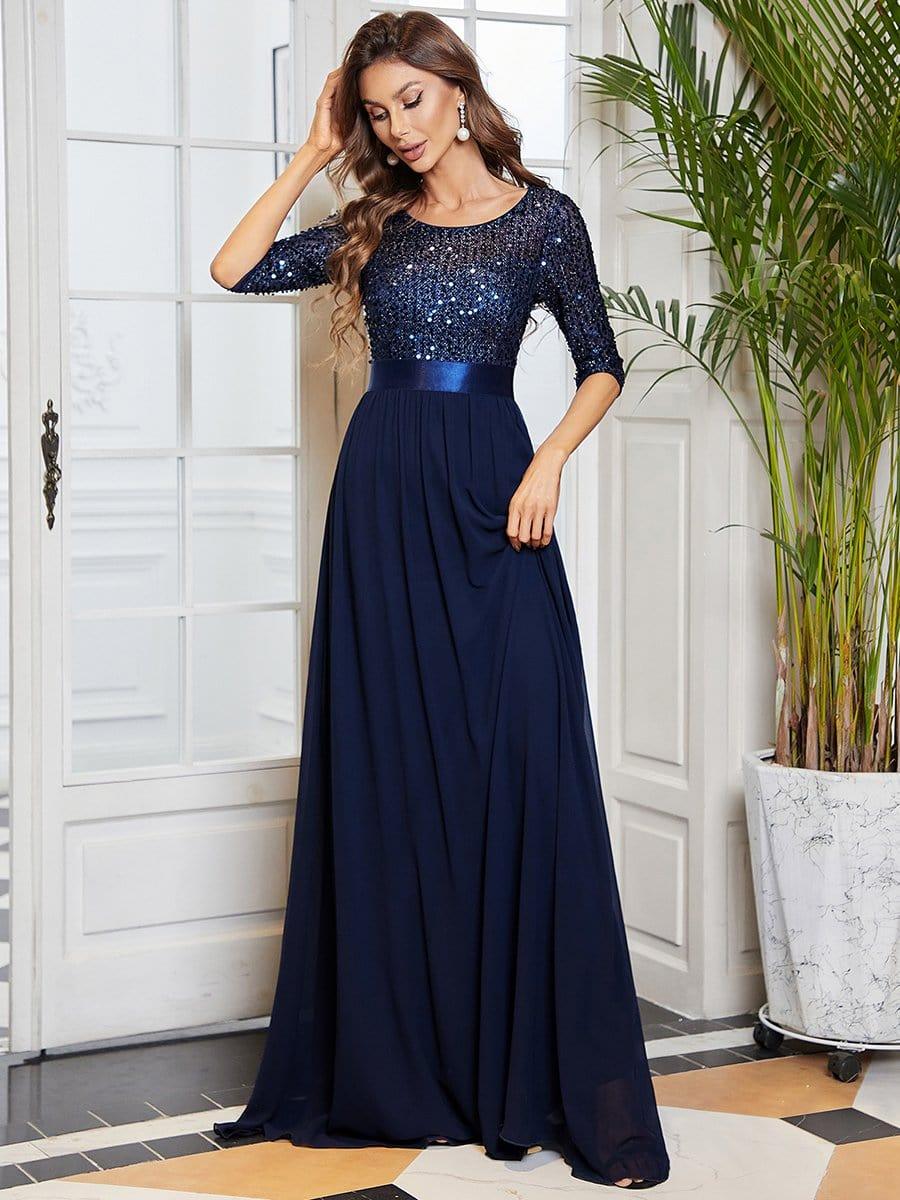 Elegant Round Neckline 3/4 Sleeve Sequins Patchwork Evening Dress #color_Navy Blue