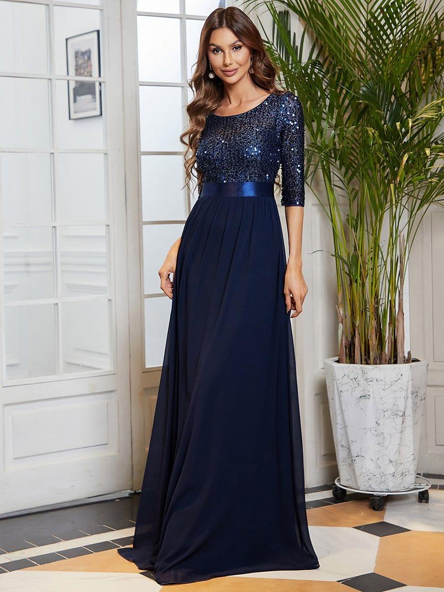 Elegant Round Neckline 3/4 Sleeve Sequins Patchwork Evening Dress #color_Navy Blue