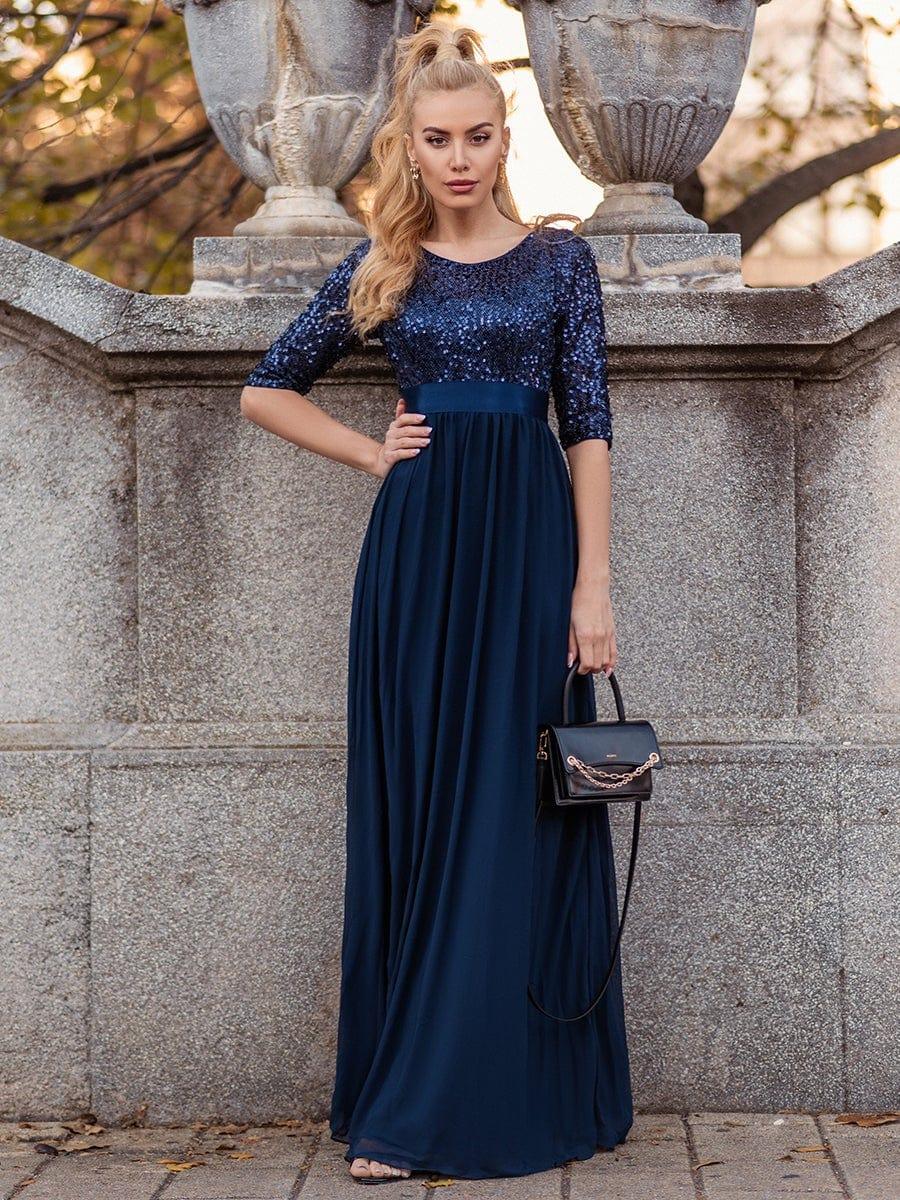 Elegant Round Neckline 3/4 Sleeve Sequins Patchwork Evening Dress #color_Navy Blue