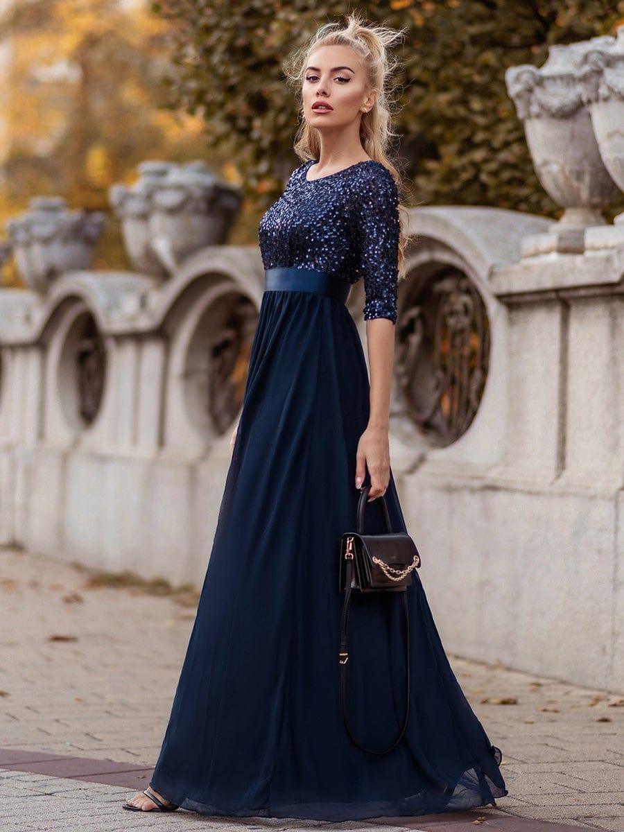 Elegant Round Neckline 3/4 Sleeve Sequins Patchwork Evening Dress #color_Navy Blue