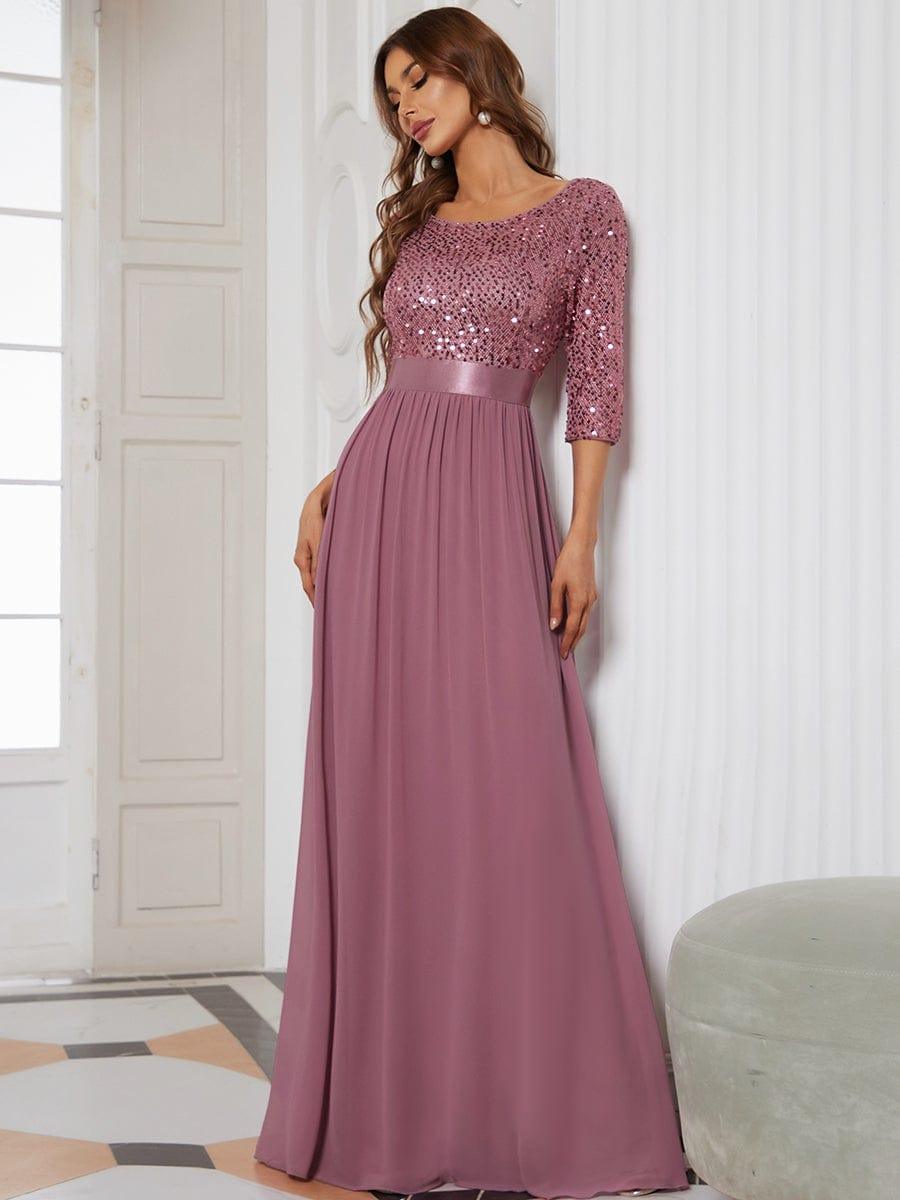 Elegant Round Neckline 3/4 Sleeve Sequins Patchwork Evening Dress #color_Purple Orchid