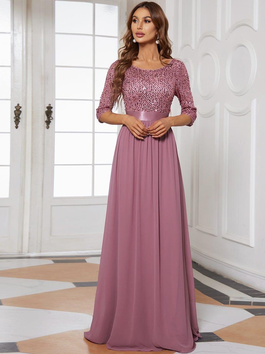 Elegant Round Neckline 3/4 Sleeve Sequins Patchwork Evening Dress #color_Purple Orchid