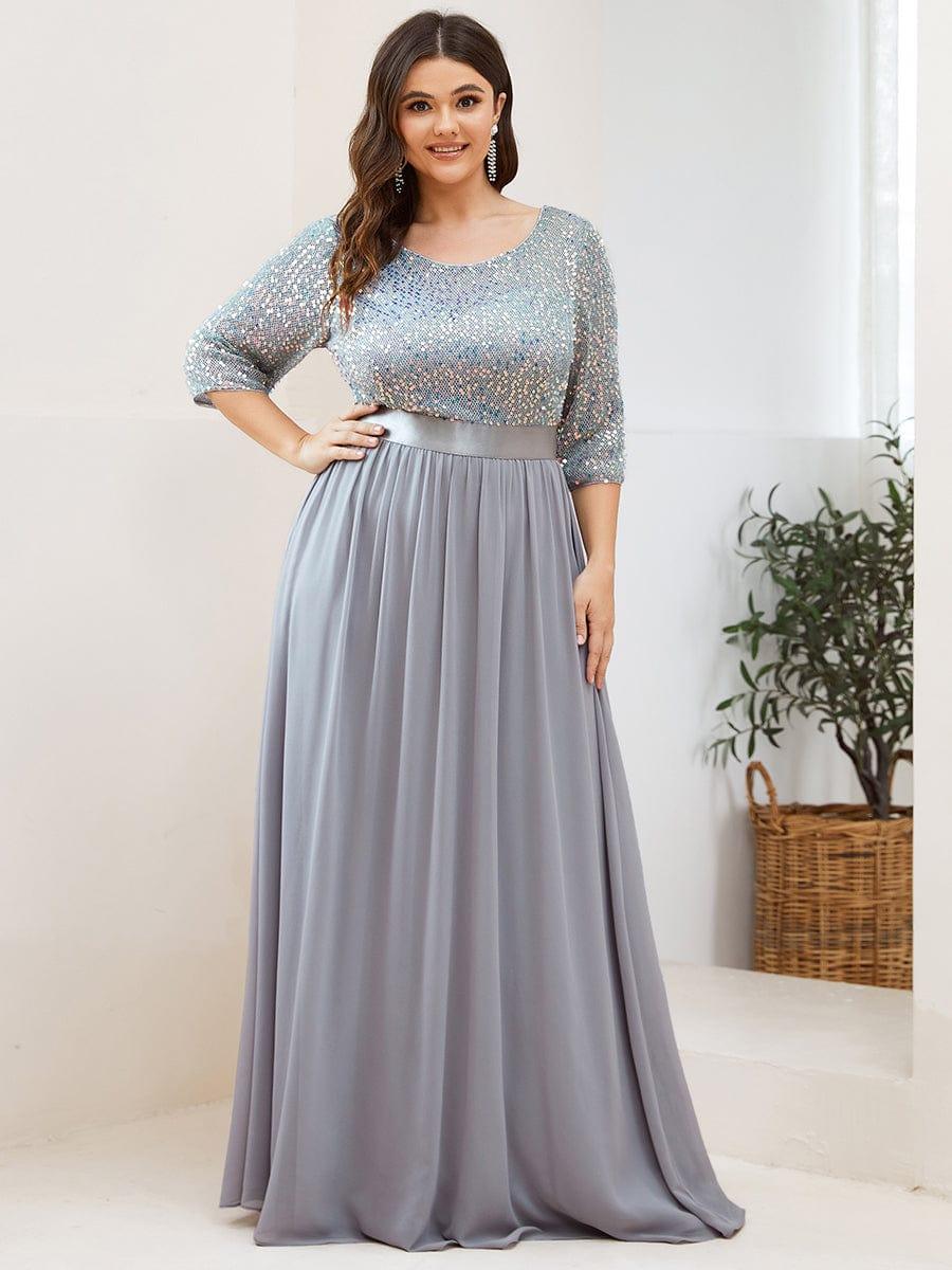 Elegant Round Neckline 3/4 Sleeve Sequins Patchwork Evening Dress #color_Silver