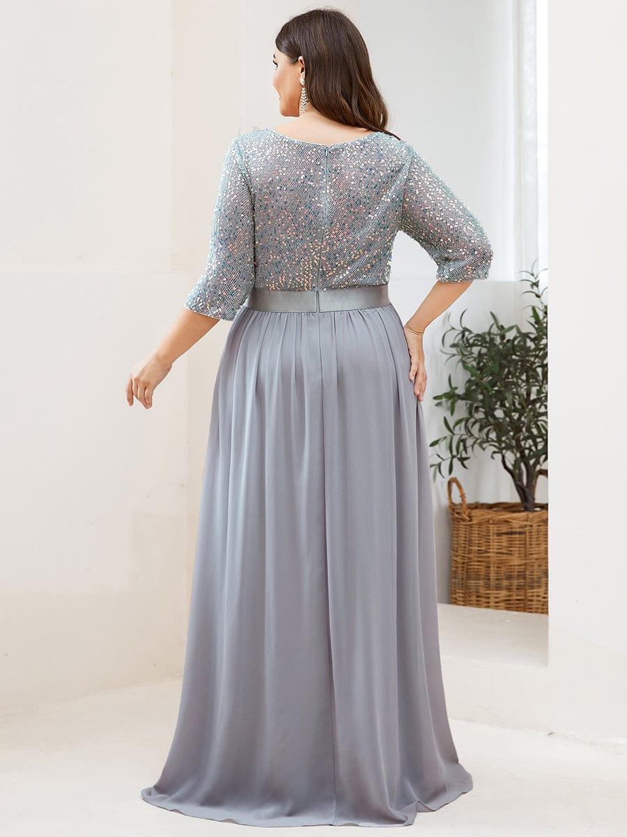 Elegant Round Neckline 3/4 Sleeve Sequins Patchwork Evening Dress #color_Silver