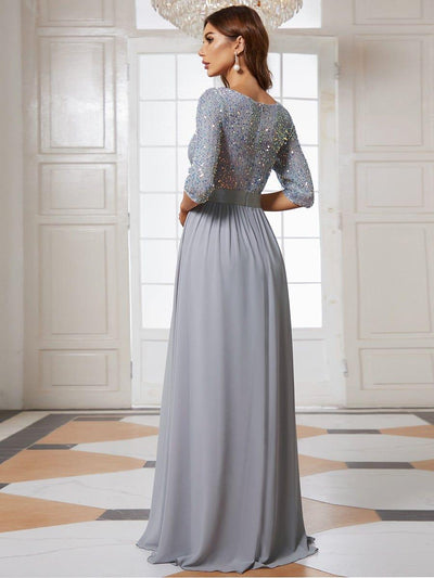 Elegant Round Neckline 3/4 Sleeve Sequins Patchwork Evening Dress #color_Silver