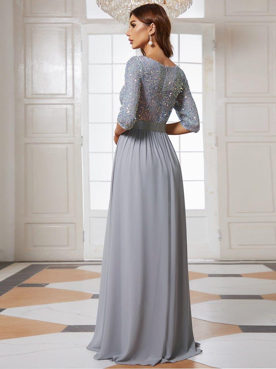 Elegant Round Neckline 3/4 Sleeve Sequins Patchwork Evening Dress #color_Silver